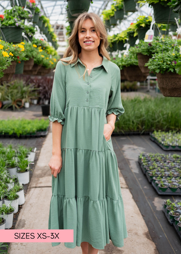 Flora Deep Sage Collared Dress