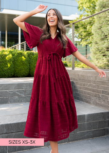 Alana Burgundy Textured Tie Dress