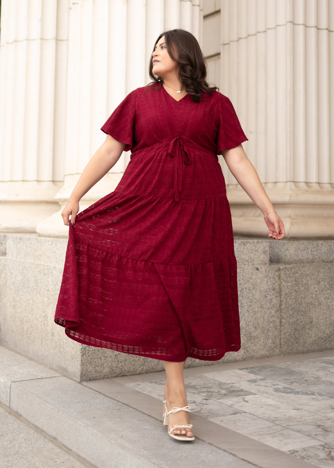 Alana Burgundy Textured Tie Dress
