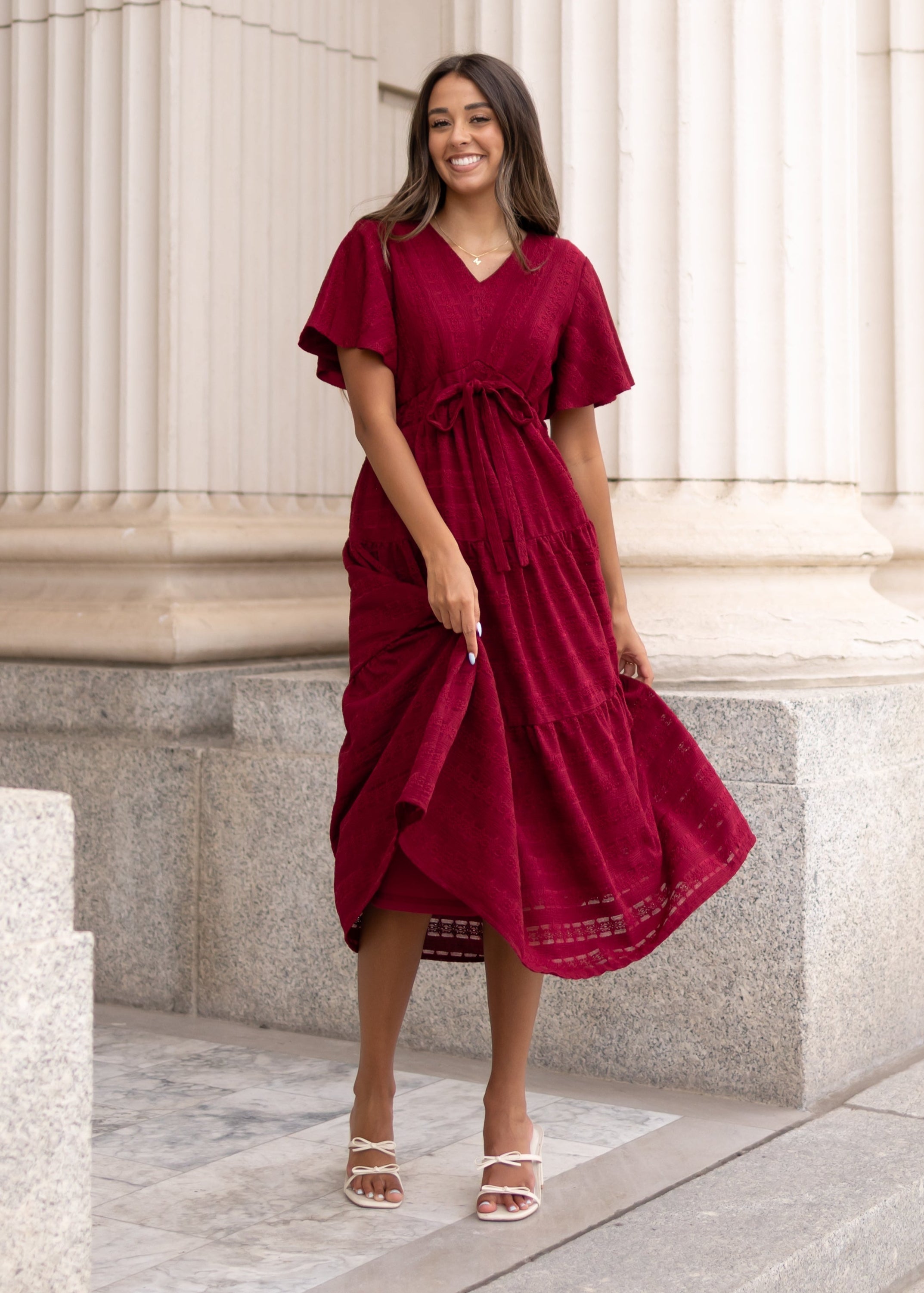Alana Burgundy Textured Tie Dress