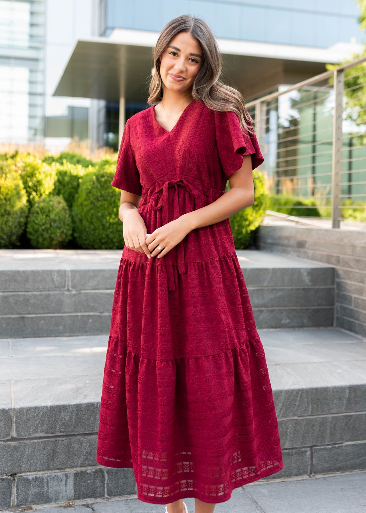 Alana Burgundy Textured Tie Dress
