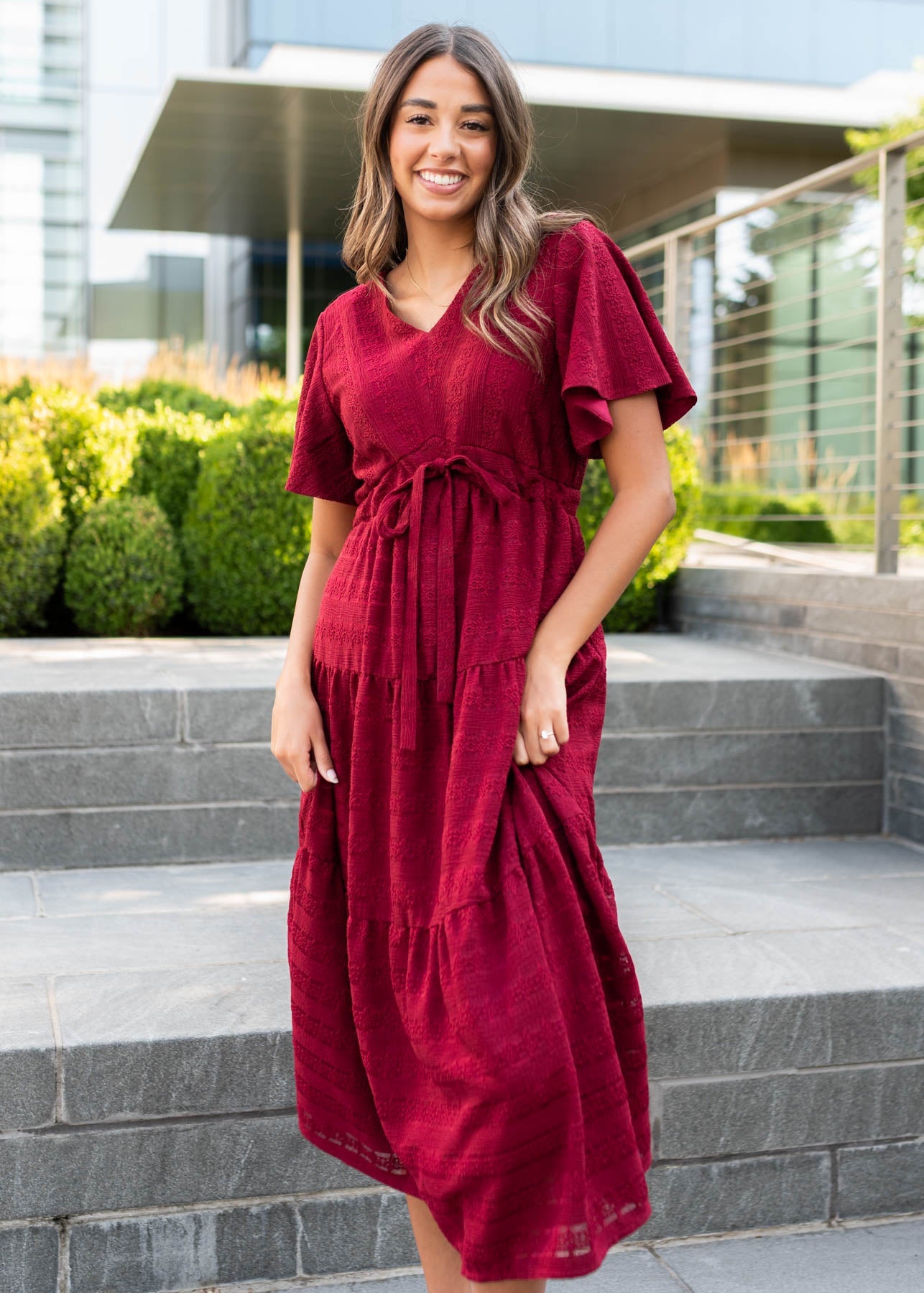 Alana Burgundy Textured Tie Dress
