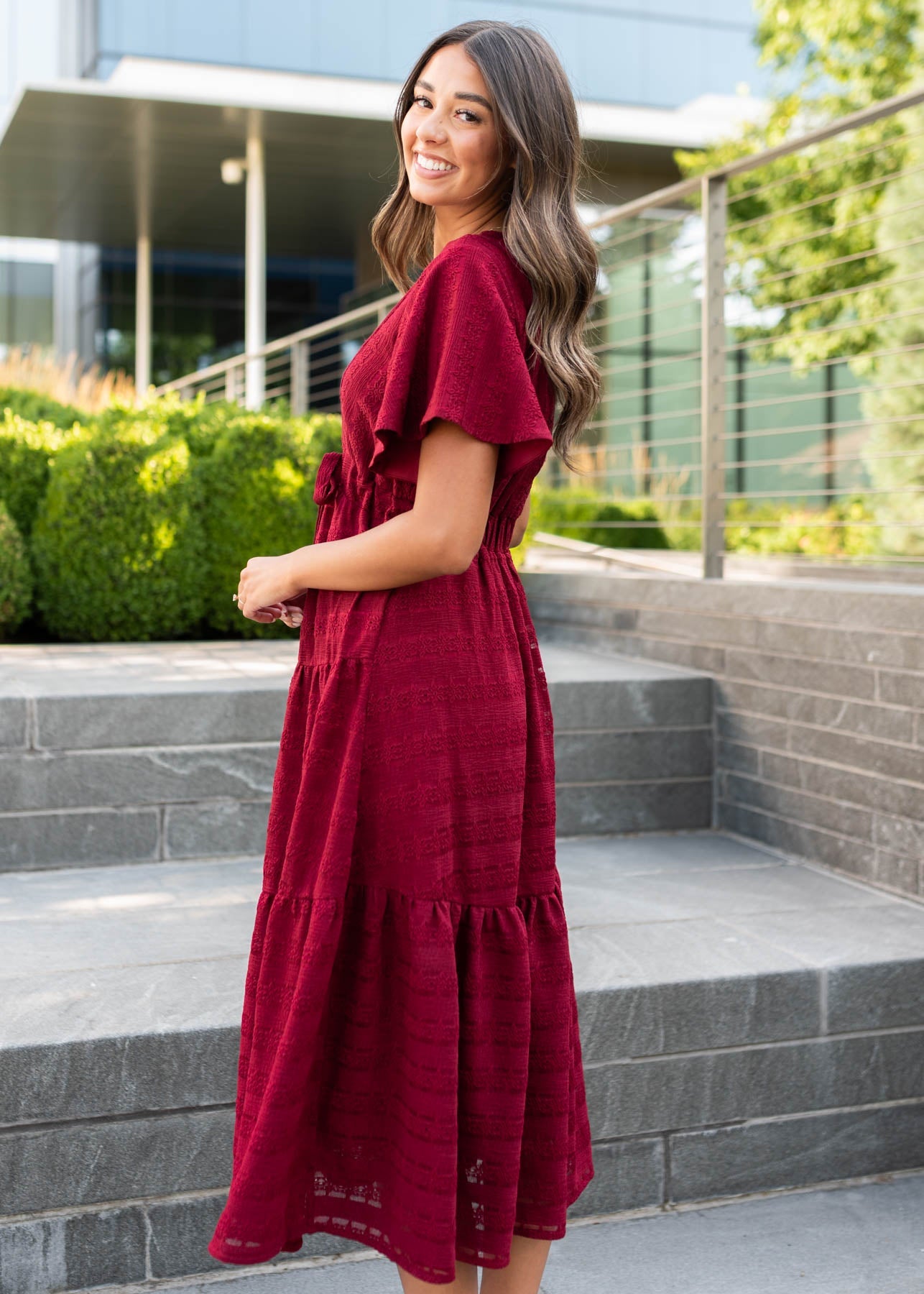 Alana Burgundy Textured Tie Dress