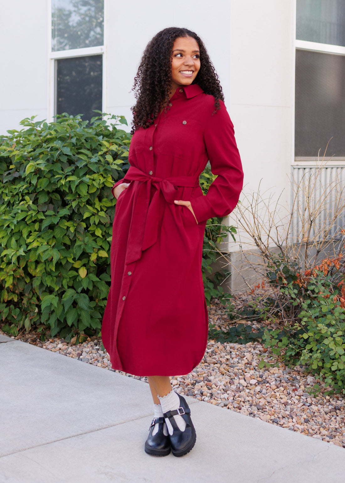 Anne Burgundy Button Up Dress