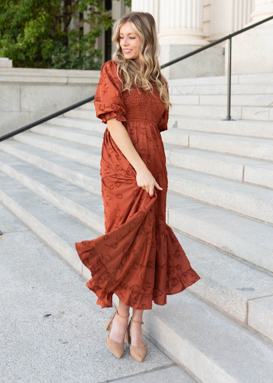 Aurelia Rust Smocked Dress