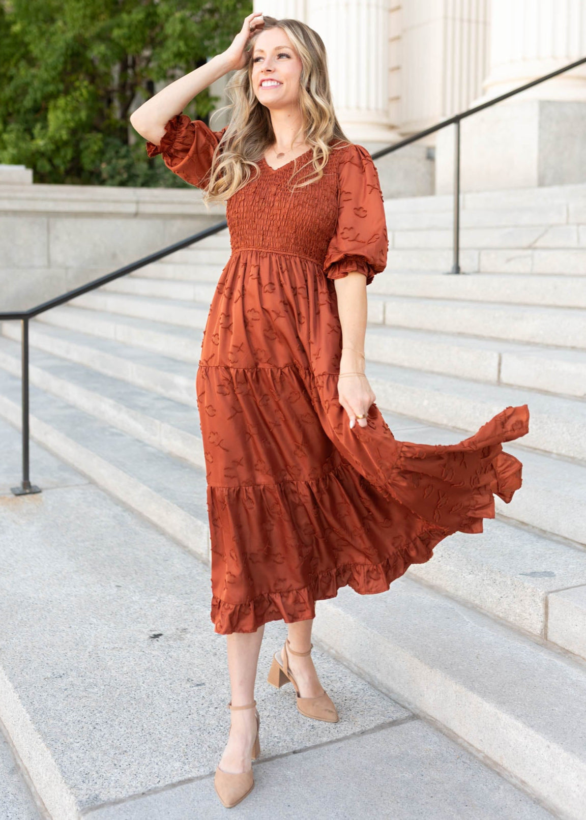 Aurelia Rust Smocked Dress