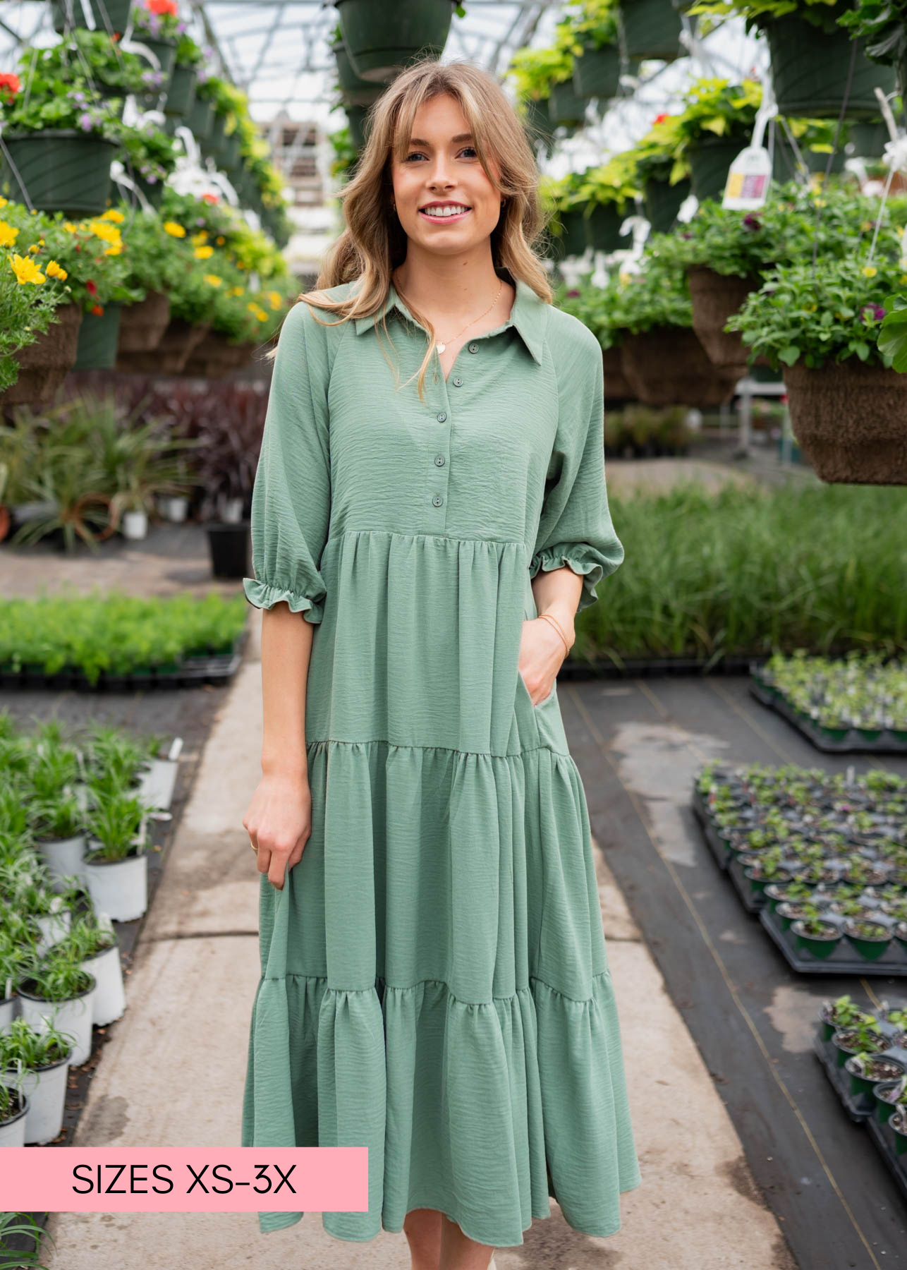 Flora Deep Sage Collared Dress