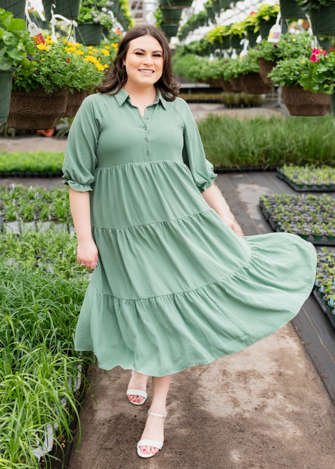 Flora Deep Sage Collared Dress