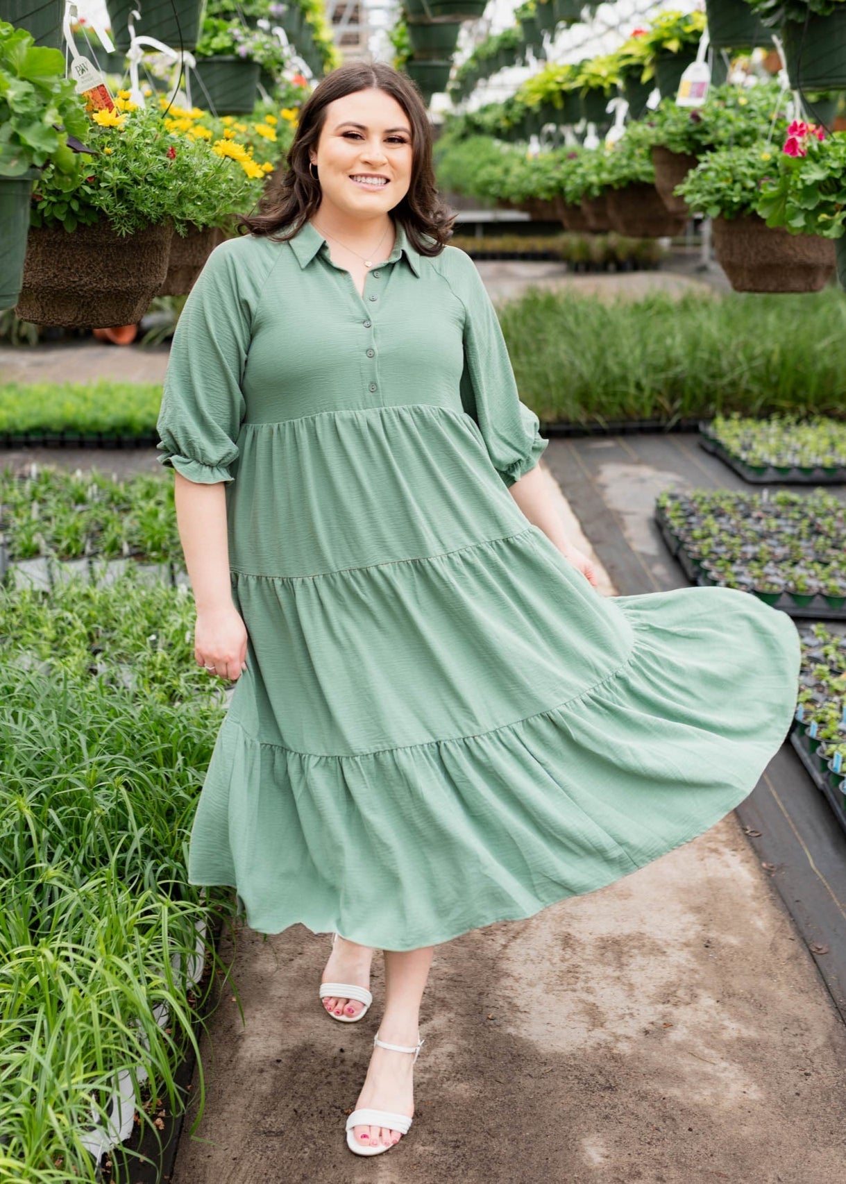 Flora Deep Sage Collared Dress
