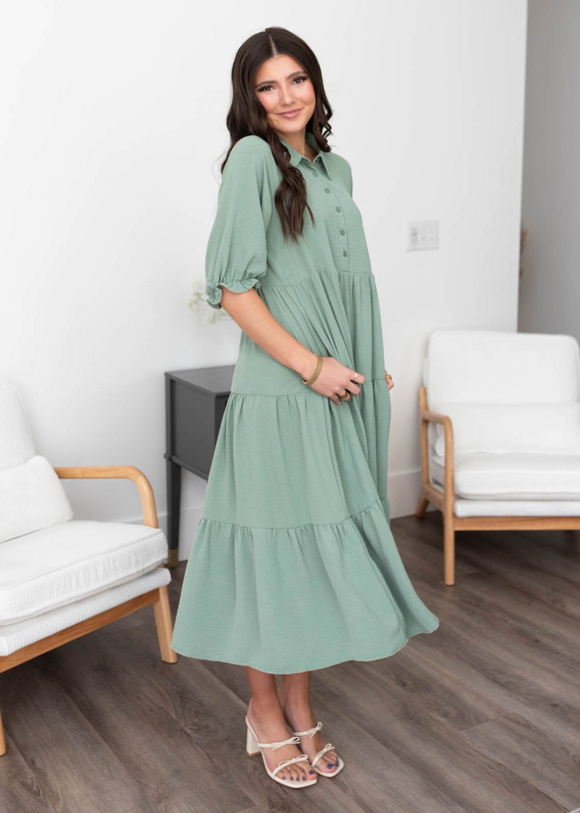 Flora Deep Sage Collared Dress