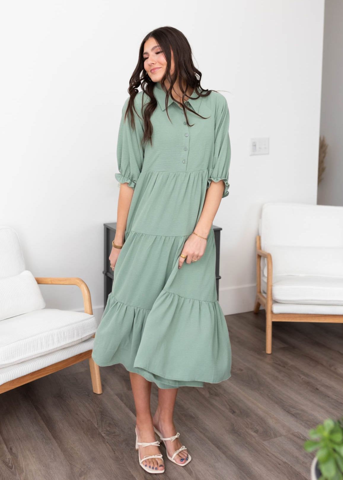 Flora Deep Sage Collared Dress
