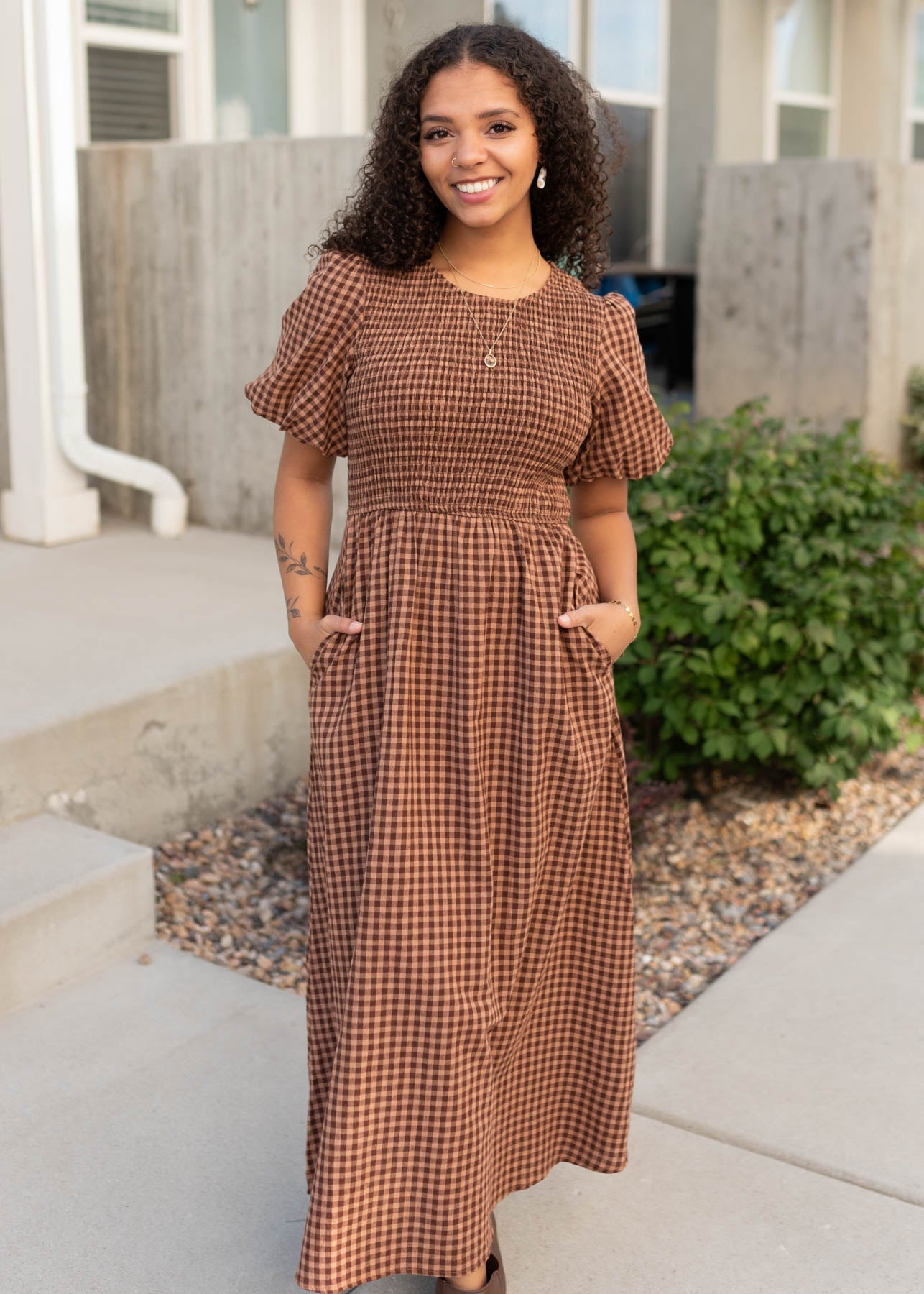 Kinsley Mocha Brown Gingham Dress
