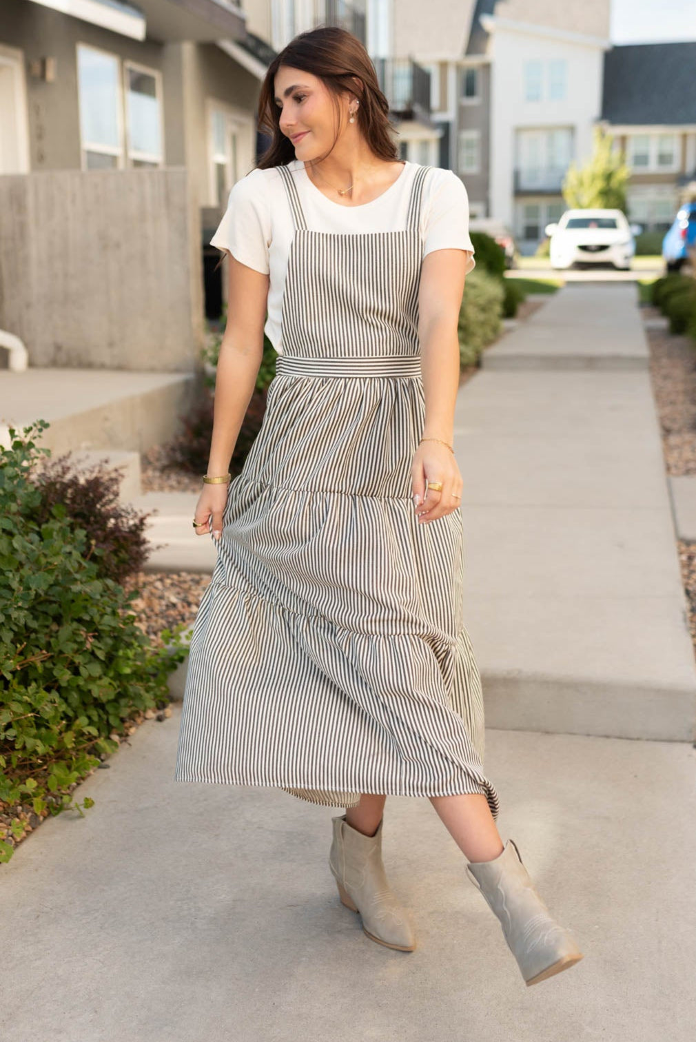 Lane Charcoal Striped Overall Dress