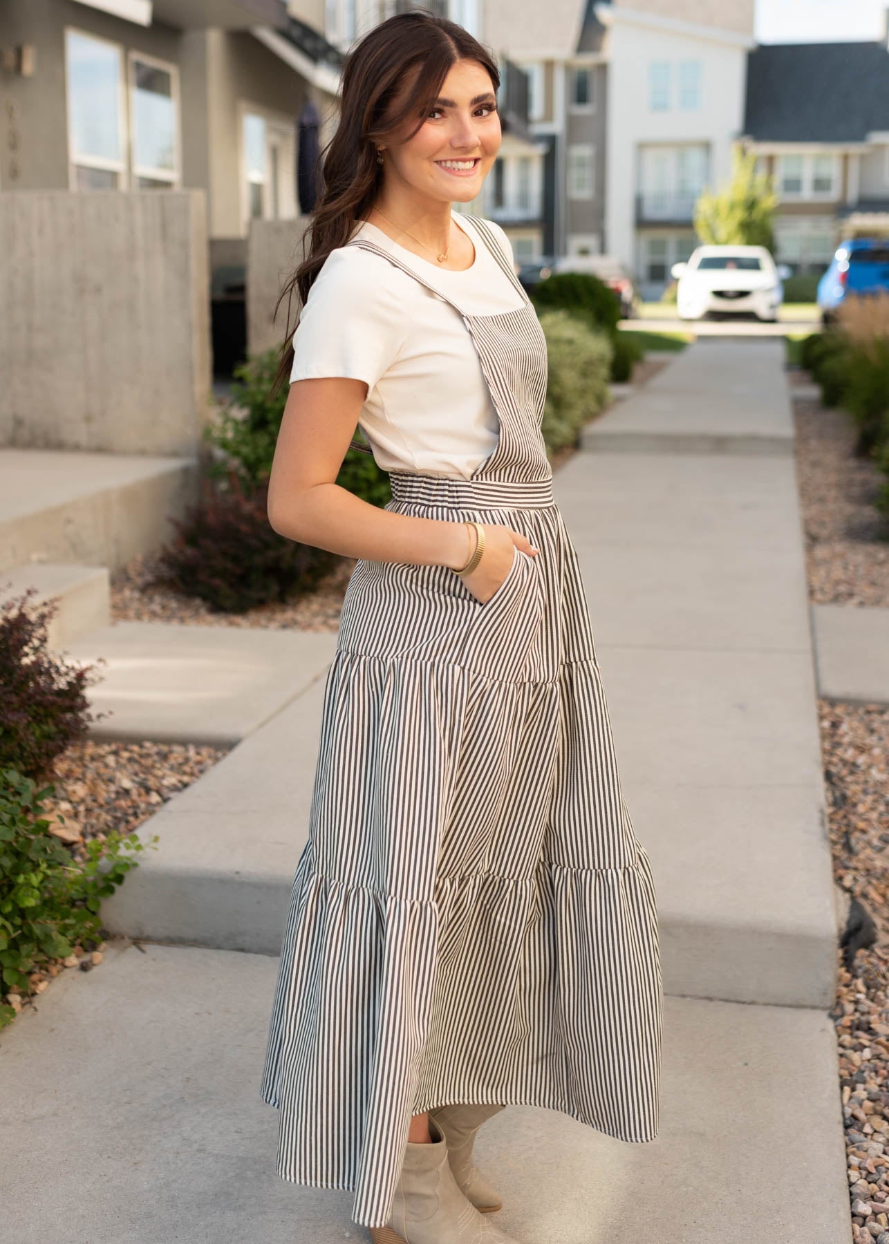 Lane Charcoal Striped Overall Dress