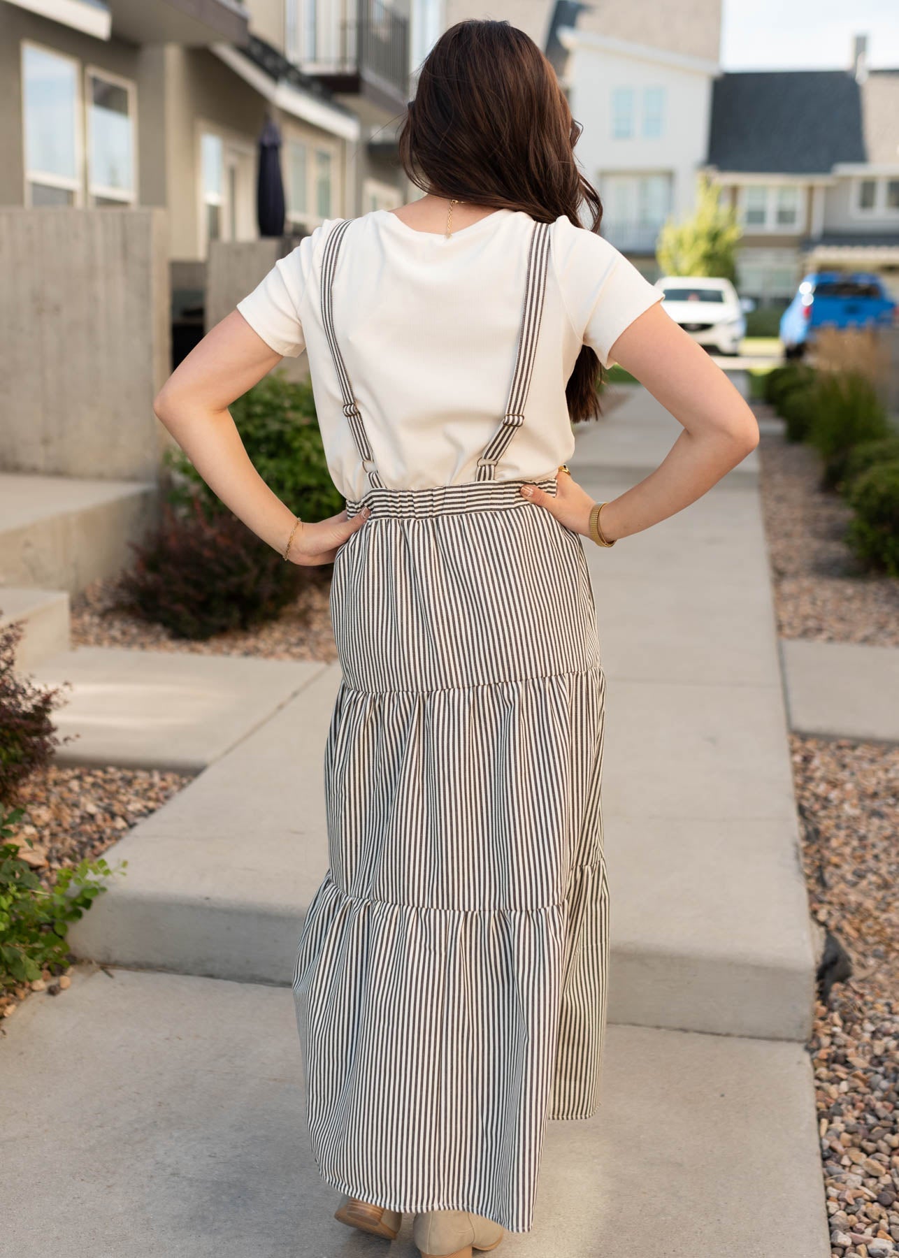 Lane Charcoal Striped Overall Dress