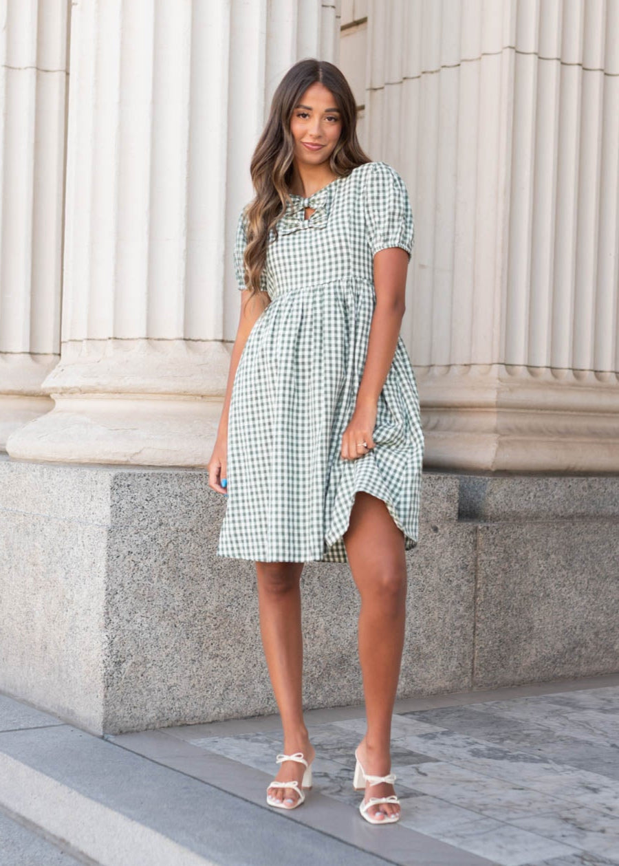 Linnea Sage Gingham Bow Dress