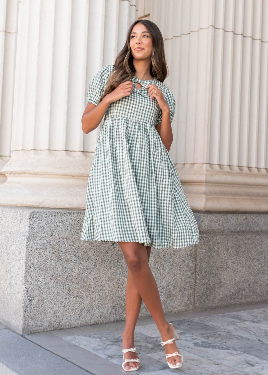 Linnea Sage Gingham Bow Dress